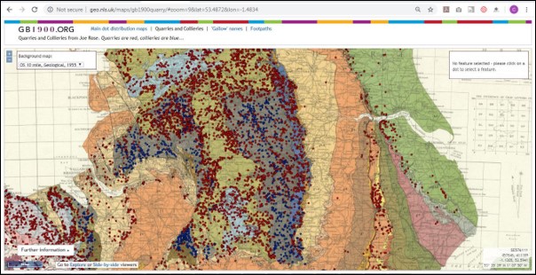 The web-mapping viewer showing the quarry points upon a 1950s geological background layer