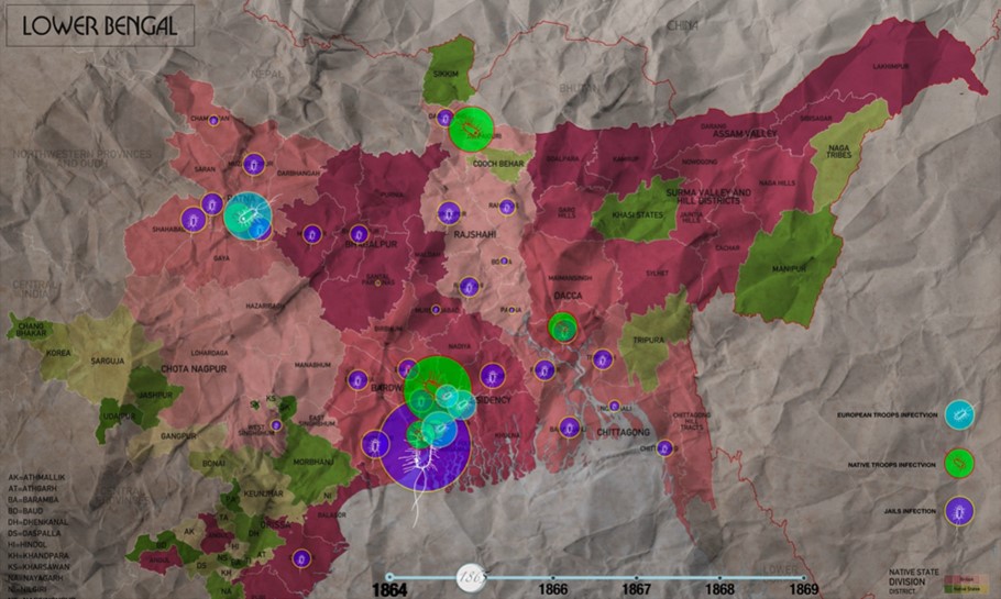 Detail from visualisation of the spread of disease in Bengal by Qiubin Wu and Diwen Yu