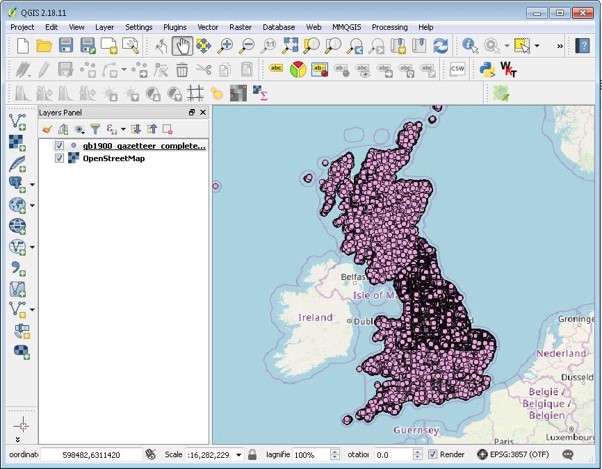 QGIS interface showing the GB1900 gazetteer points on an OpenStreetMap background layer
