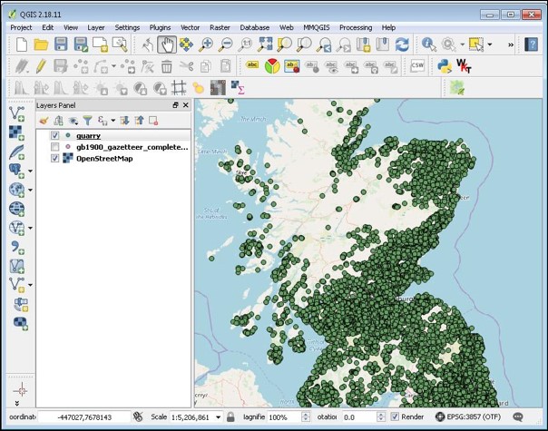 QGIS interface showing the quarry points on an OpenStreetMap background layer