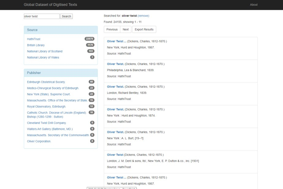 Screenshot of prototype search for a global dataset of digitised texts