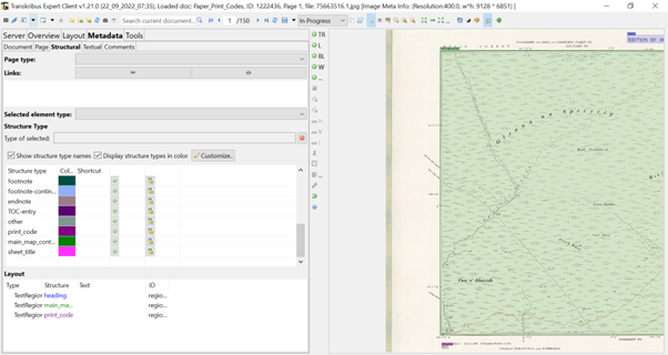 Transkribus environment for creating structural tags.