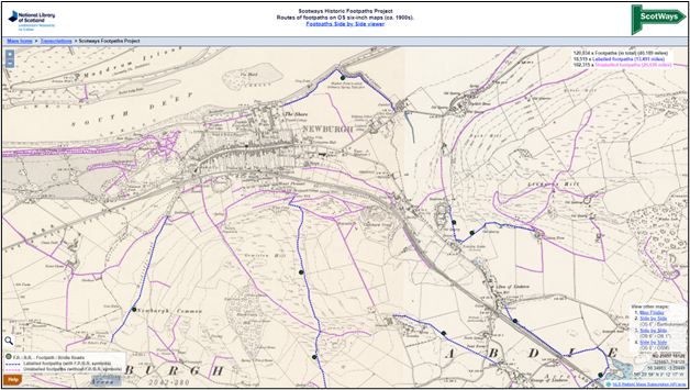 Viewing footpaths around Newburgh in Fife (blue = labelled; pink = unlabelled)
https://maps.nls.uk/transcriptions/paths/#zoom=15&lat=56.3473&lon=-3.2291